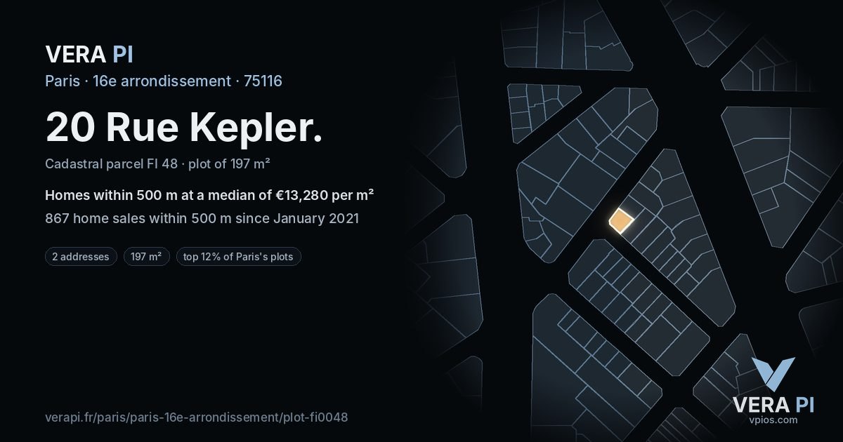 20 Rue Kepler, 16e arrondissement at night – the plot lit, the parcels around coloured by the prices near them