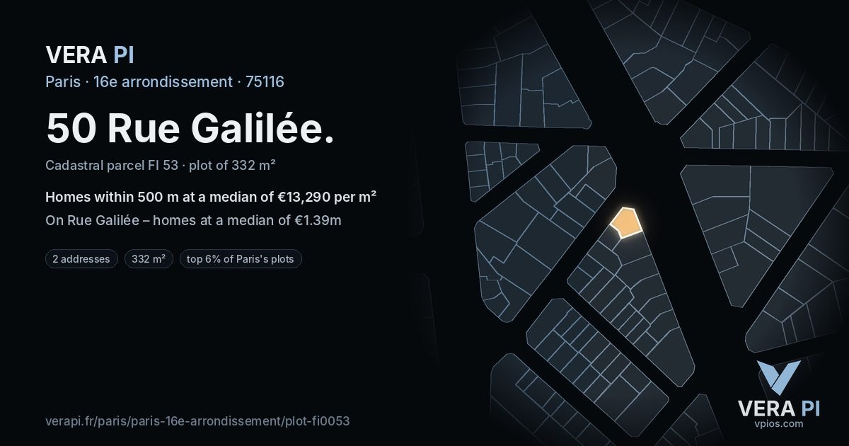 50 Rue Galilée, 16e arrondissement at night – the plot lit, the parcels around coloured by the prices near them