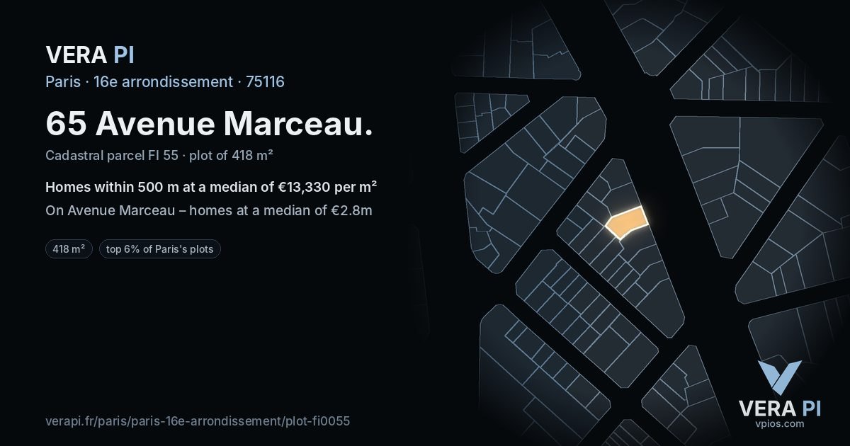65 Avenue Marceau, 16e arrondissement at night – the plot lit, the parcels around coloured by the prices near them