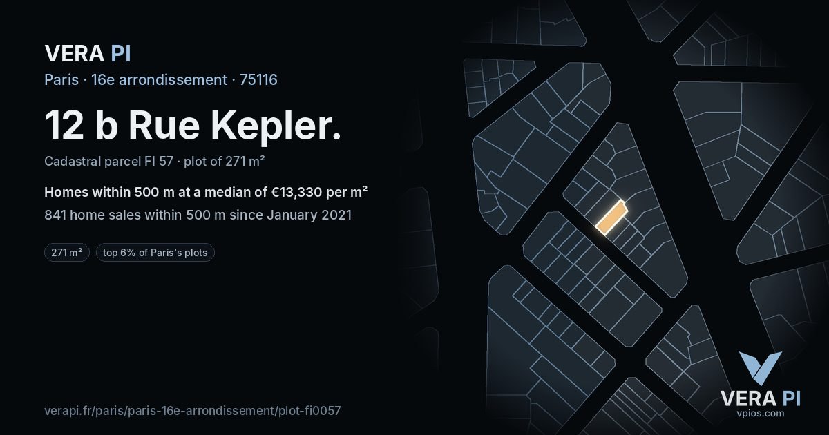 12 b Rue Kepler, 16e arrondissement at night – the plot lit, the parcels around coloured by the prices near them