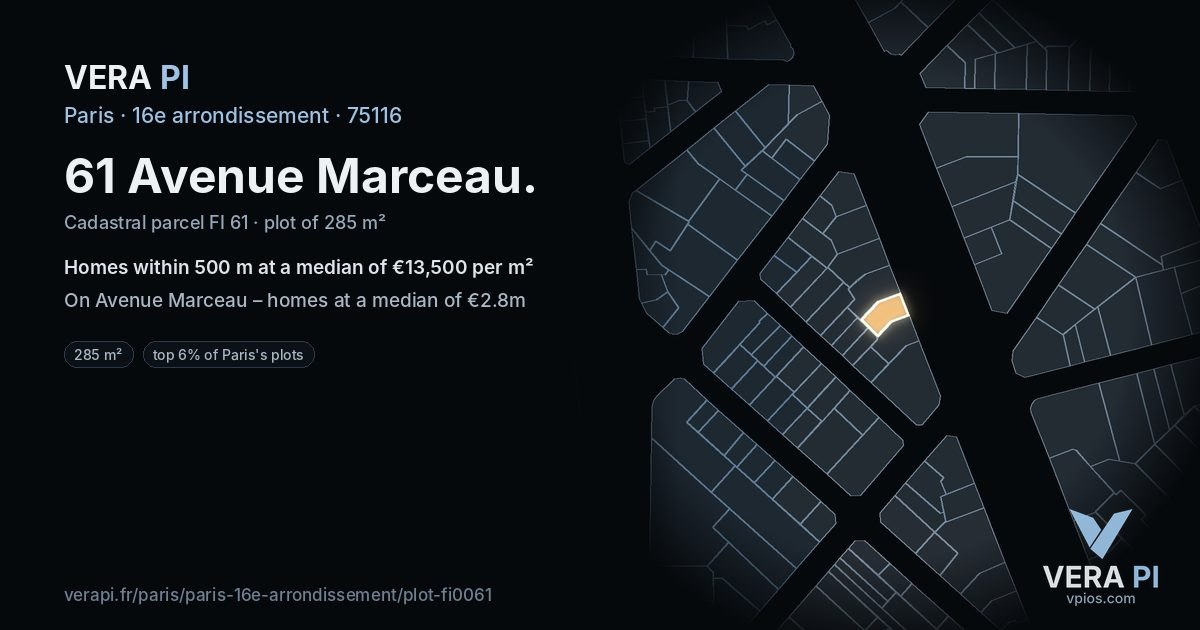 61 Avenue Marceau, 16e arrondissement at night – the plot lit, the parcels around coloured by the prices near them