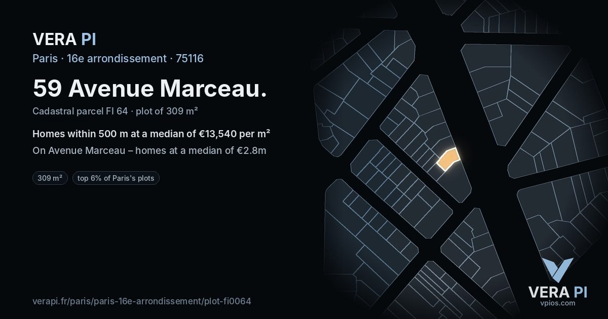 59 Avenue Marceau, 16e arrondissement at night – the plot lit, the parcels around coloured by the prices near them