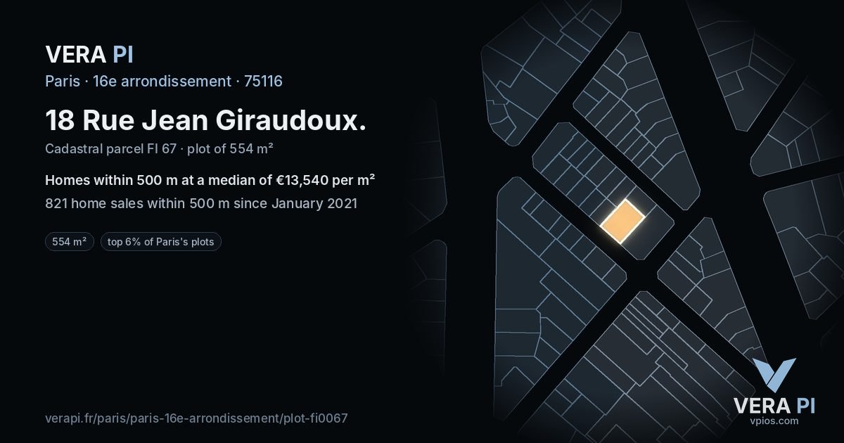 18 Rue Jean Giraudoux, 16e arrondissement at night – the plot lit, the parcels around coloured by the prices near them