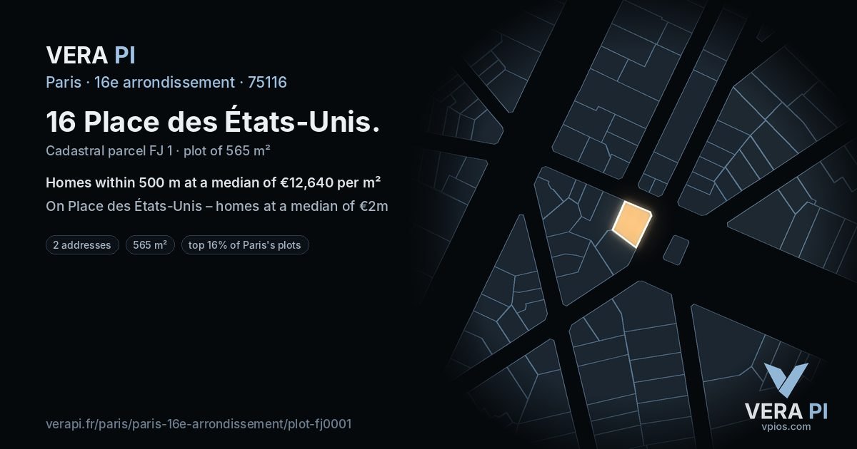 16 Place des États-Unis, 16e arrondissement at night – the plot lit, the parcels around coloured by the prices near them