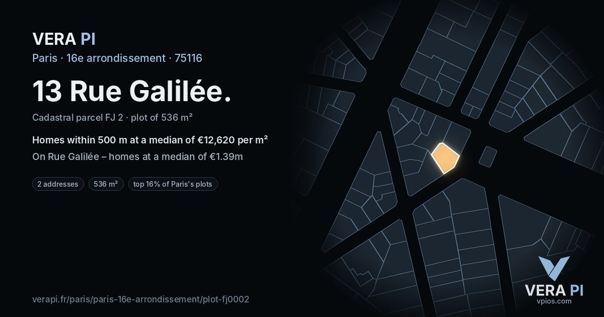 13 Rue Galilée, 16e arrondissement at night – the plot lit, the parcels around coloured by the prices near them