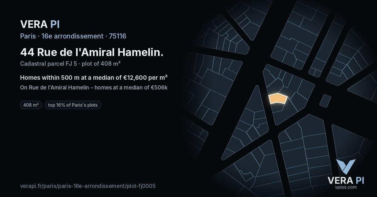 44 Rue de l'Amiral Hamelin, 16e arrondissement at night – the plot lit, the parcels around coloured by the prices near them