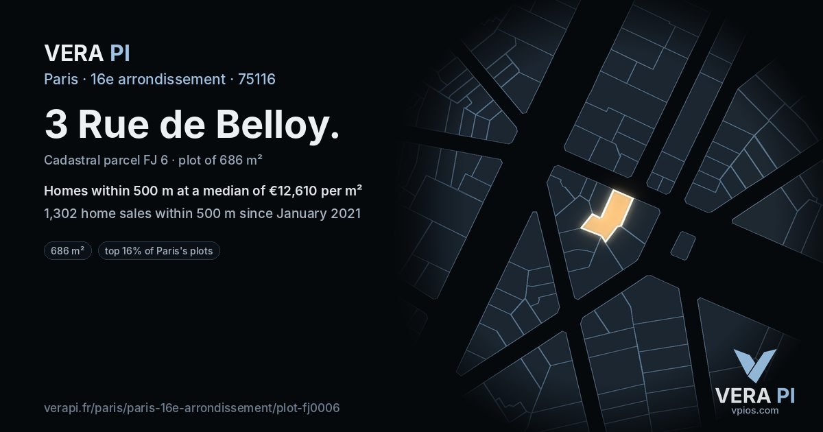 3 Rue de Belloy, 16e arrondissement at night – the plot lit, the parcels around coloured by the prices near them