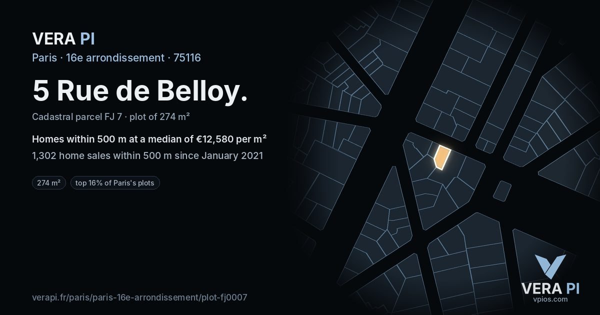 5 Rue de Belloy, 16e arrondissement at night – the plot lit, the parcels around coloured by the prices near them