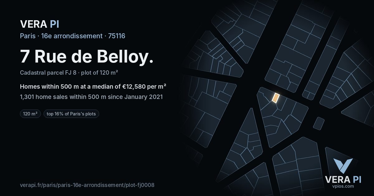 7 Rue de Belloy, 16e arrondissement at night – the plot lit, the parcels around coloured by the prices near them