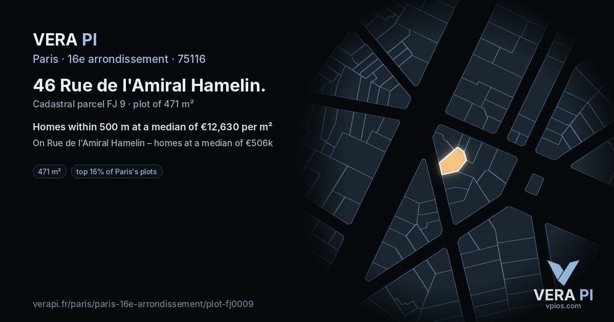 46 Rue de l'Amiral Hamelin, 16e arrondissement at night – the plot lit, the parcels around coloured by the prices near them
