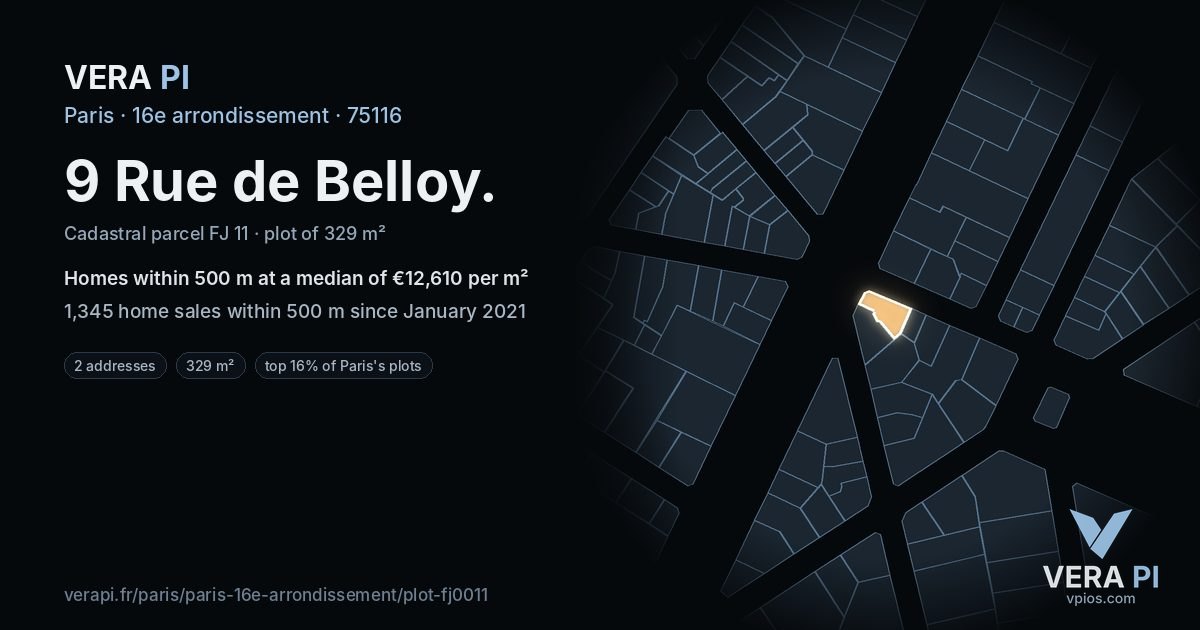 9 Rue de Belloy, 16e arrondissement at night – the plot lit, the parcels around coloured by the prices near them