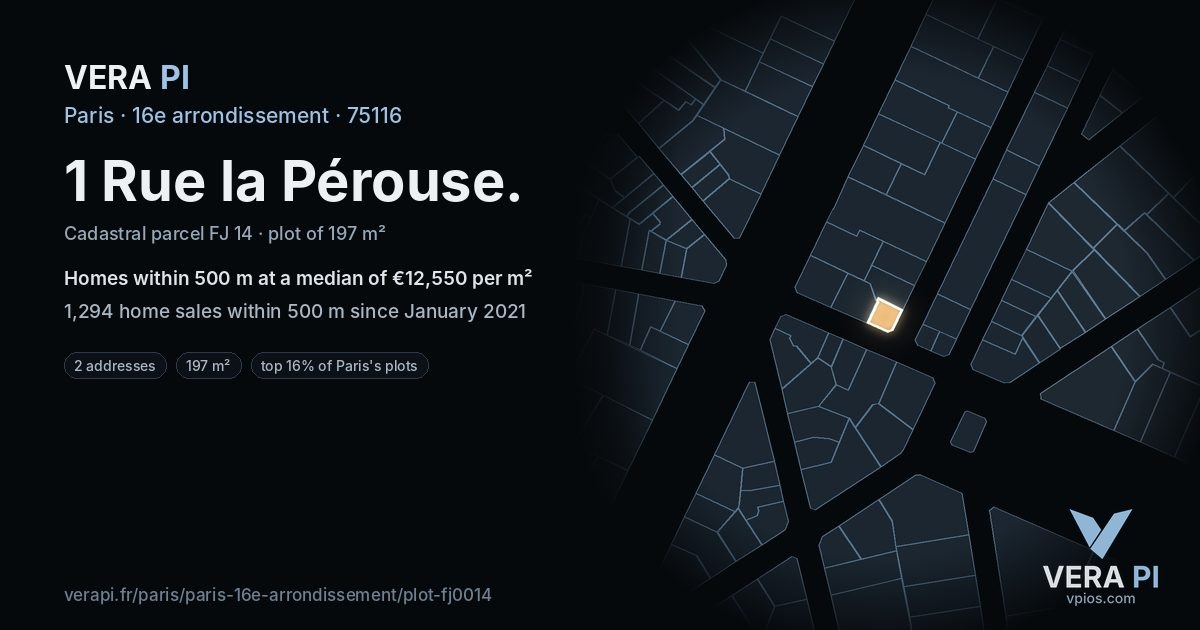 1 Rue la Pérouse, 16e arrondissement at night – the plot lit, the parcels around coloured by the prices near them