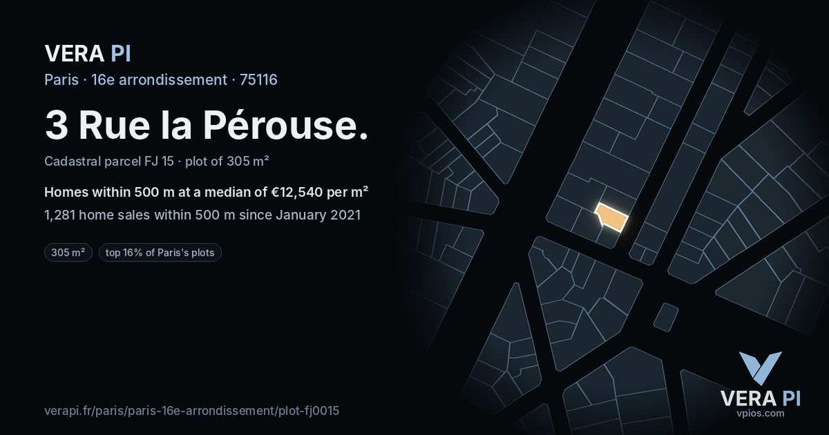 3 Rue la Pérouse, 16e arrondissement at night – the plot lit, the parcels around coloured by the prices near them