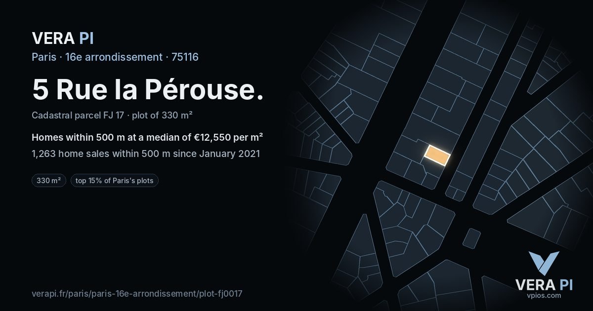 5 Rue la Pérouse, 16e arrondissement at night – the plot lit, the parcels around coloured by the prices near them