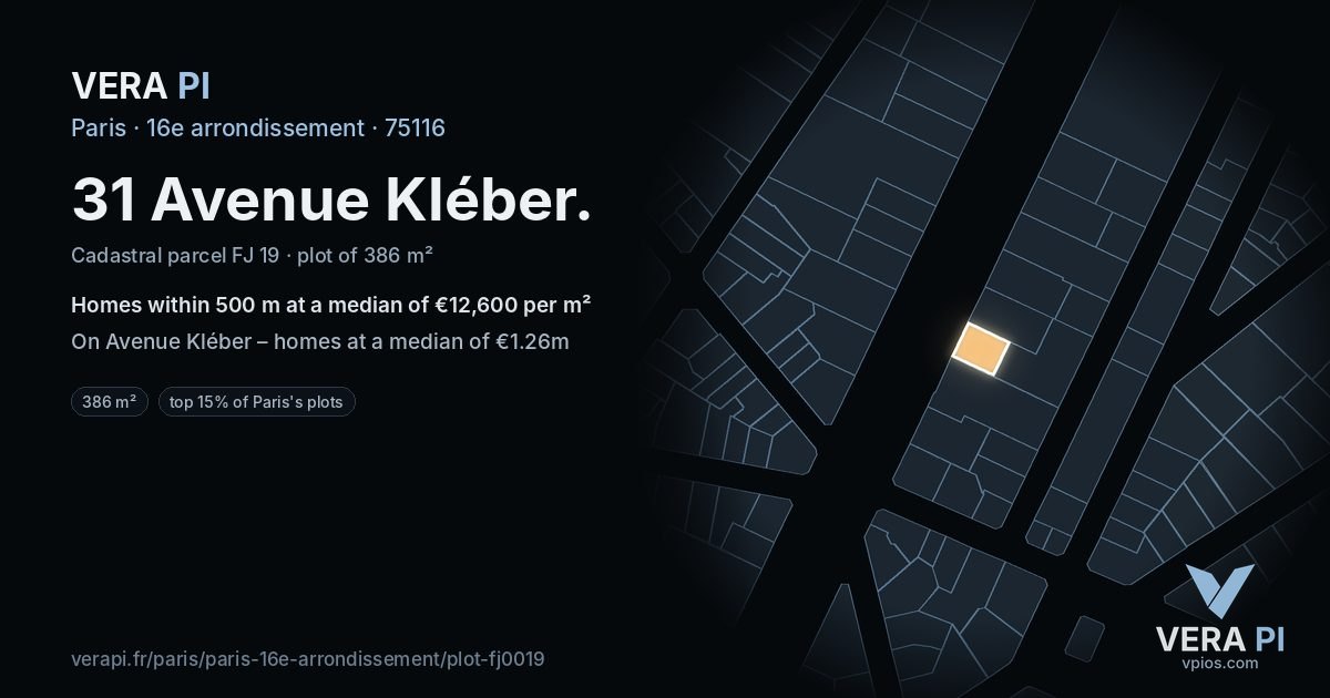 31 Avenue Kléber, 16e arrondissement at night – the plot lit, the parcels around coloured by the prices near them