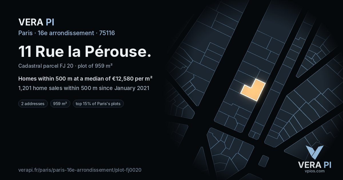 11 Rue la Pérouse, 16e arrondissement at night – the plot lit, the parcels around coloured by the prices near them