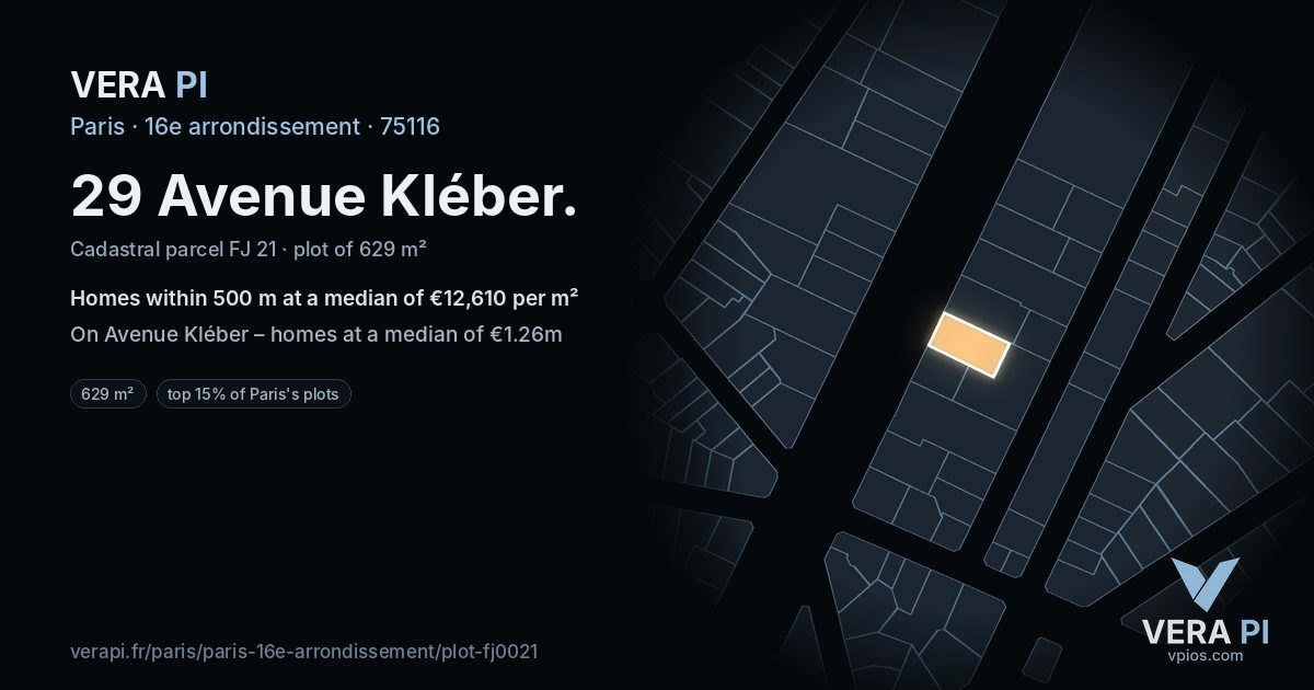 29 Avenue Kléber, 16e arrondissement at night – the plot lit, the parcels around coloured by the prices near them
