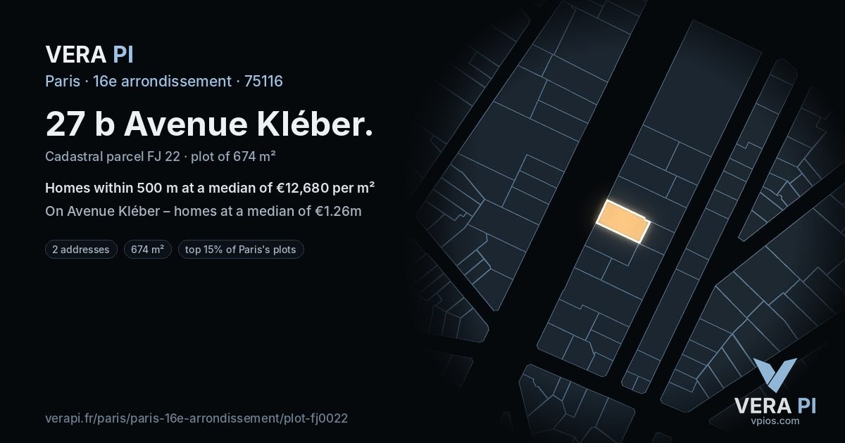 27 b Avenue Kléber, 16e arrondissement at night – the plot lit, the parcels around coloured by the prices near them