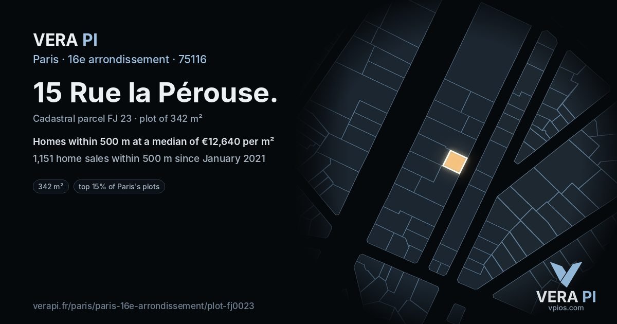 15 Rue la Pérouse, 16e arrondissement at night – the plot lit, the parcels around coloured by the prices near them