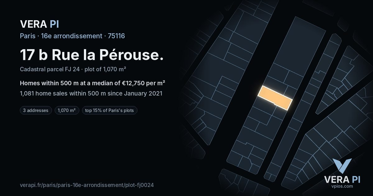 17 b Rue la Pérouse, 16e arrondissement at night – the plot lit, the parcels around coloured by the prices near them