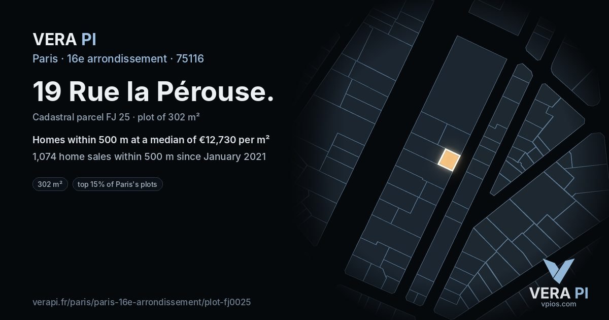 19 Rue la Pérouse, 16e arrondissement at night – the plot lit, the parcels around coloured by the prices near them