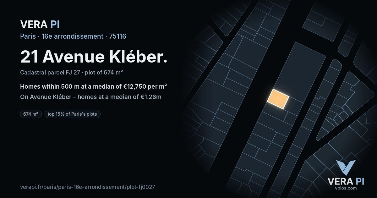 21 Avenue Kléber, 16e arrondissement at night – the plot lit, the parcels around coloured by the prices near them