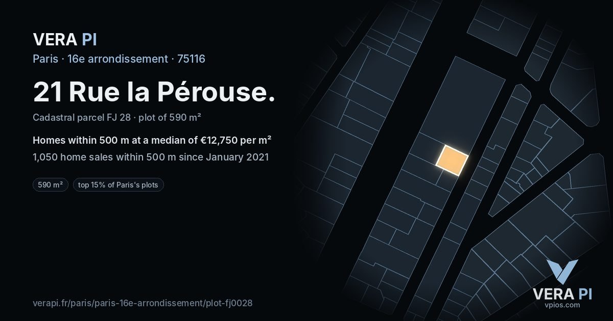 21 Rue la Pérouse, 16e arrondissement at night – the plot lit, the parcels around coloured by the prices near them