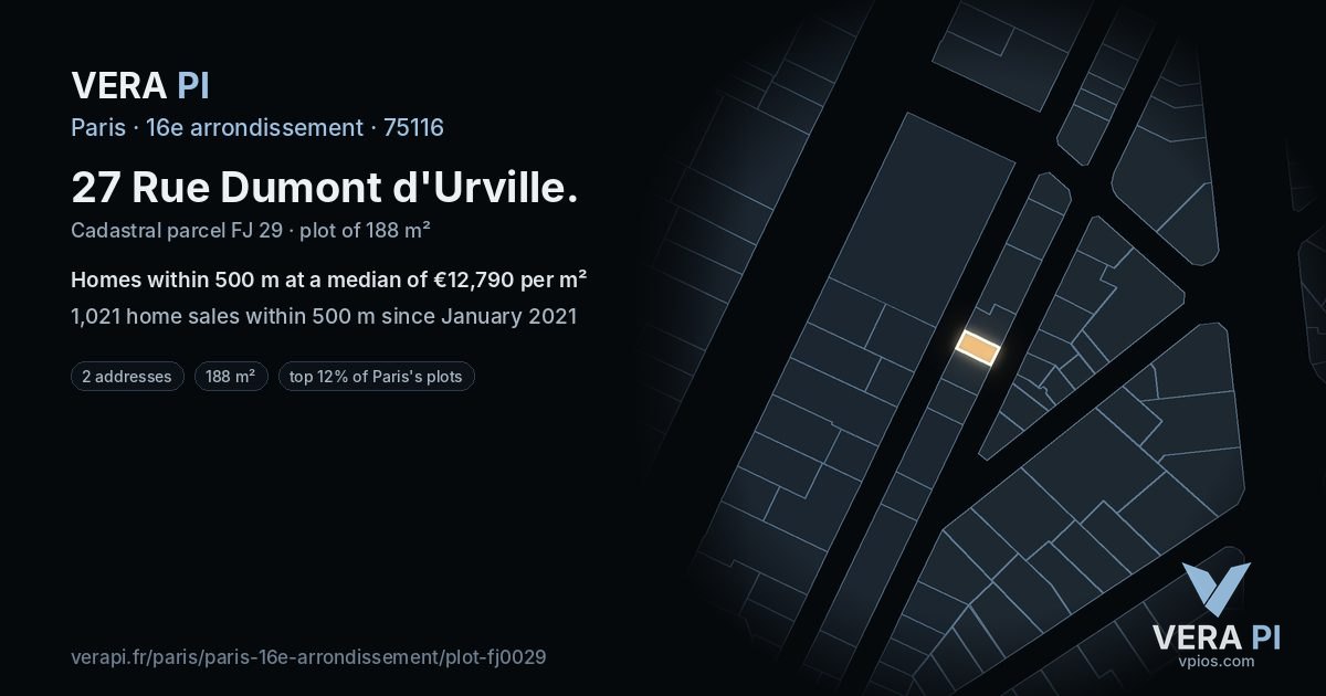 27 Rue Dumont d'Urville, 16e arrondissement at night – the plot lit, the parcels around coloured by the prices near them