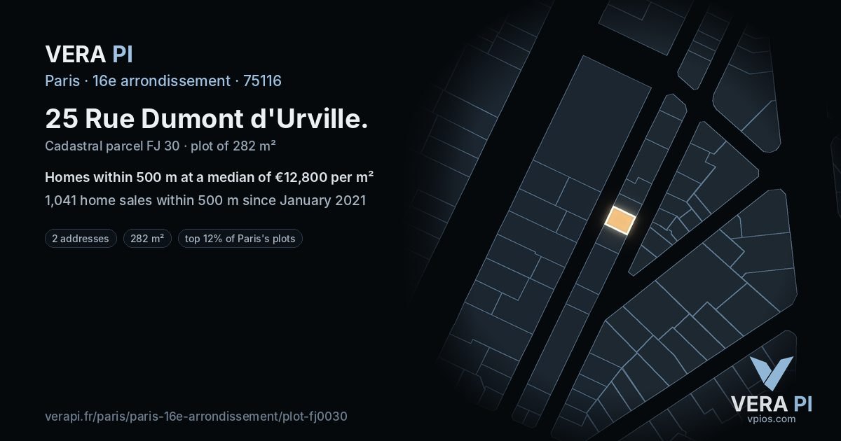 25 Rue Dumont d'Urville, 16e arrondissement at night – the plot lit, the parcels around coloured by the prices near them