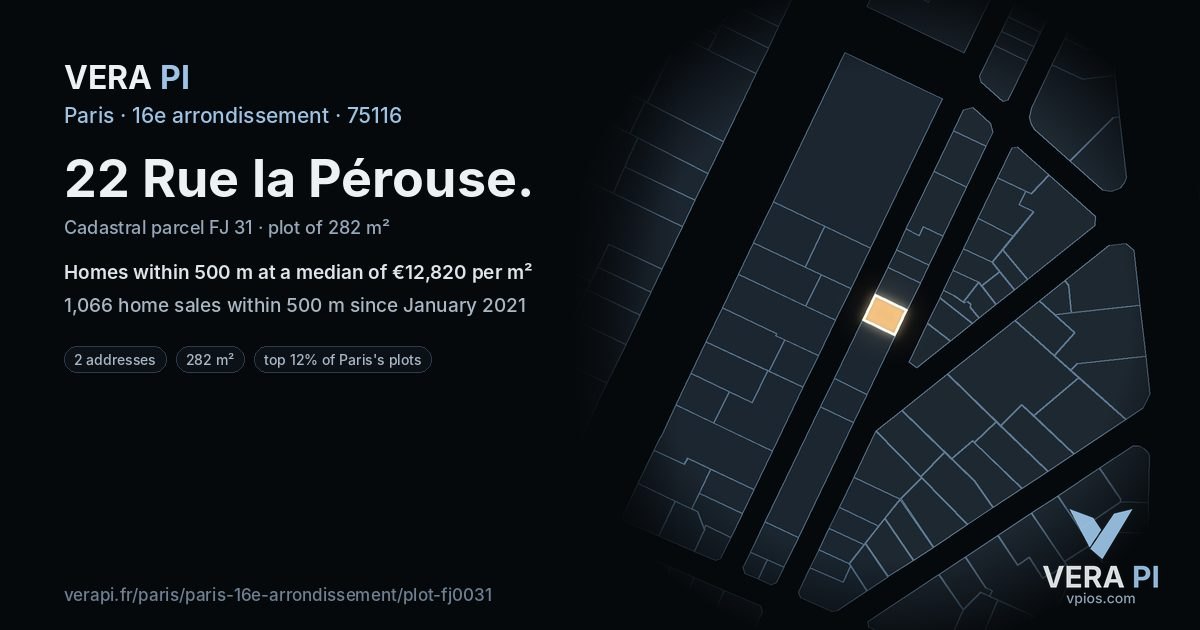 22 Rue la Pérouse, 16e arrondissement at night – the plot lit, the parcels around coloured by the prices near them