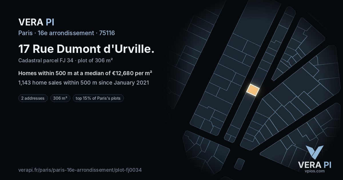17 Rue Dumont d'Urville, 16e arrondissement at night – the plot lit, the parcels around coloured by the prices near them