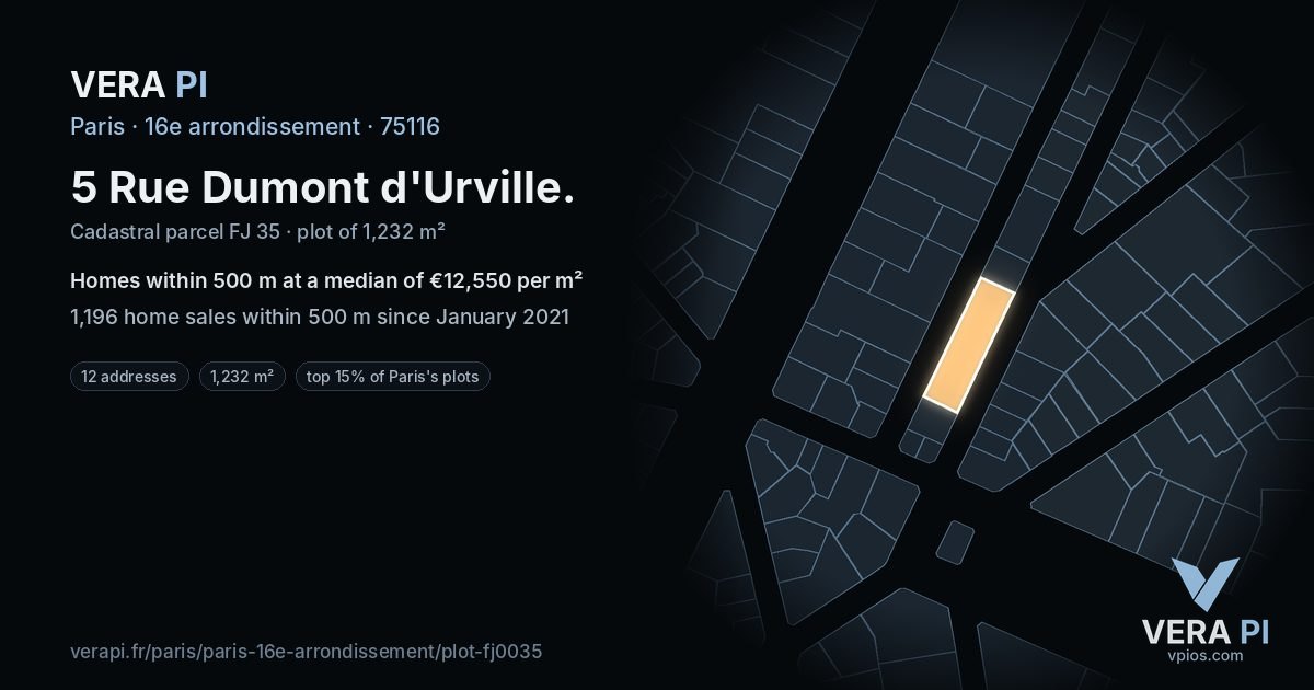 5 Rue Dumont d'Urville, 16e arrondissement at night – the plot lit, the parcels around coloured by the prices near them