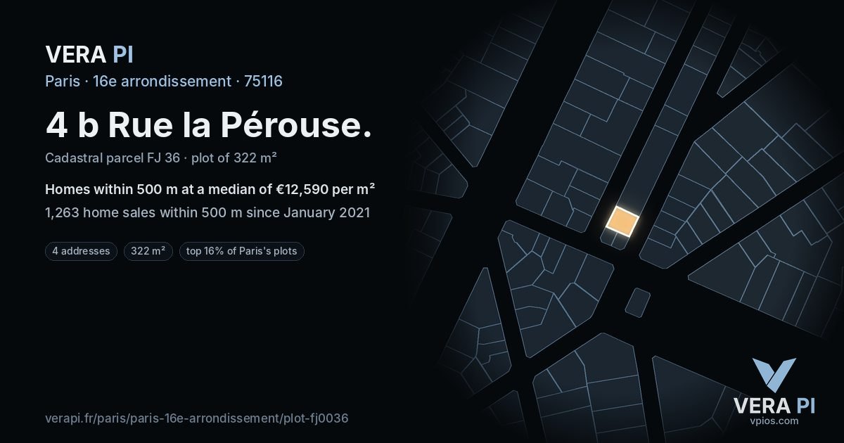 4 b Rue la Pérouse, 16e arrondissement at night – the plot lit, the parcels around coloured by the prices near them