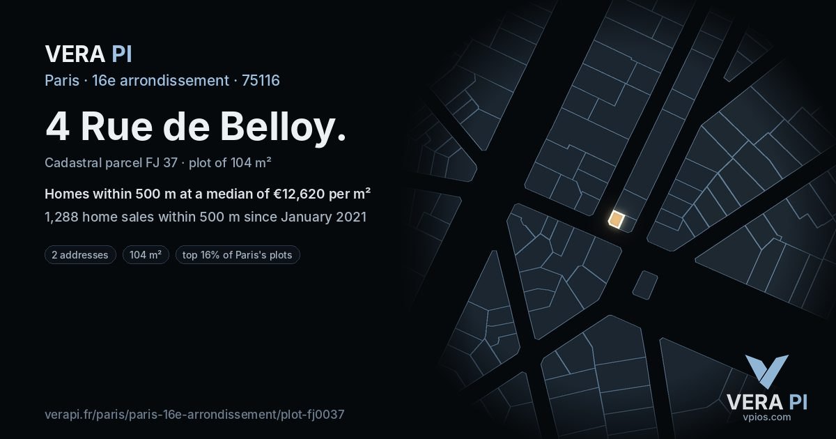 4 Rue de Belloy, 16e arrondissement at night – the plot lit, the parcels around coloured by the prices near them