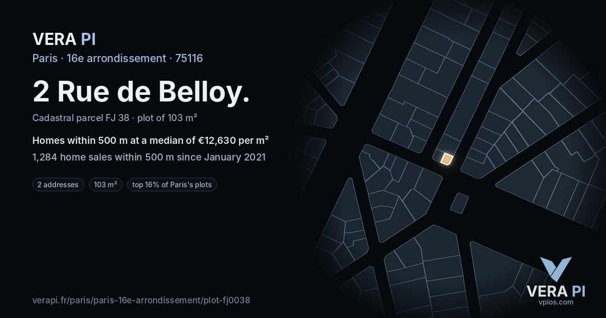 2 Rue de Belloy, 16e arrondissement at night – the plot lit, the parcels around coloured by the prices near them