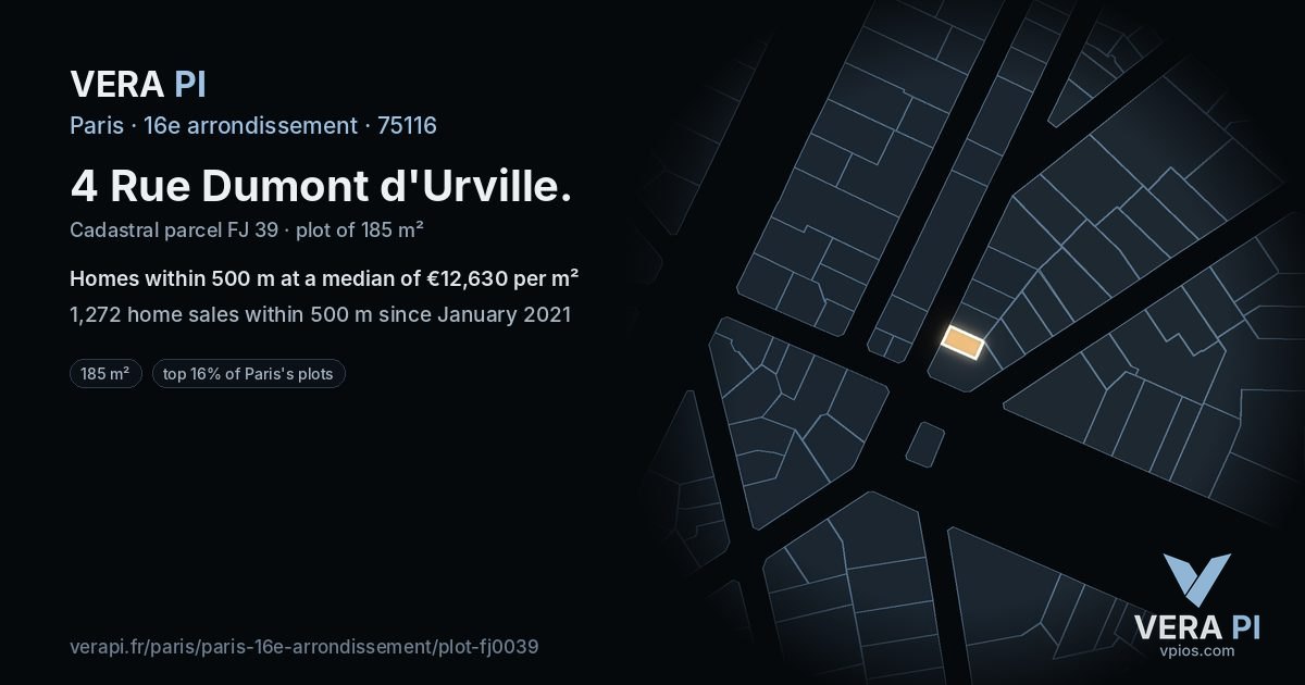 4 Rue Dumont d'Urville, 16e arrondissement at night – the plot lit, the parcels around coloured by the prices near them