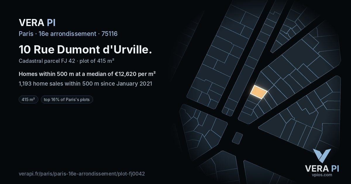10 Rue Dumont d'Urville, 16e arrondissement at night – the plot lit, the parcels around coloured by the prices near them
