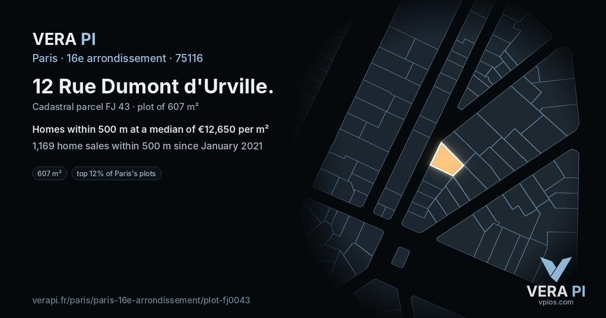 12 Rue Dumont d'Urville, 16e arrondissement at night – the plot lit, the parcels around coloured by the prices near them