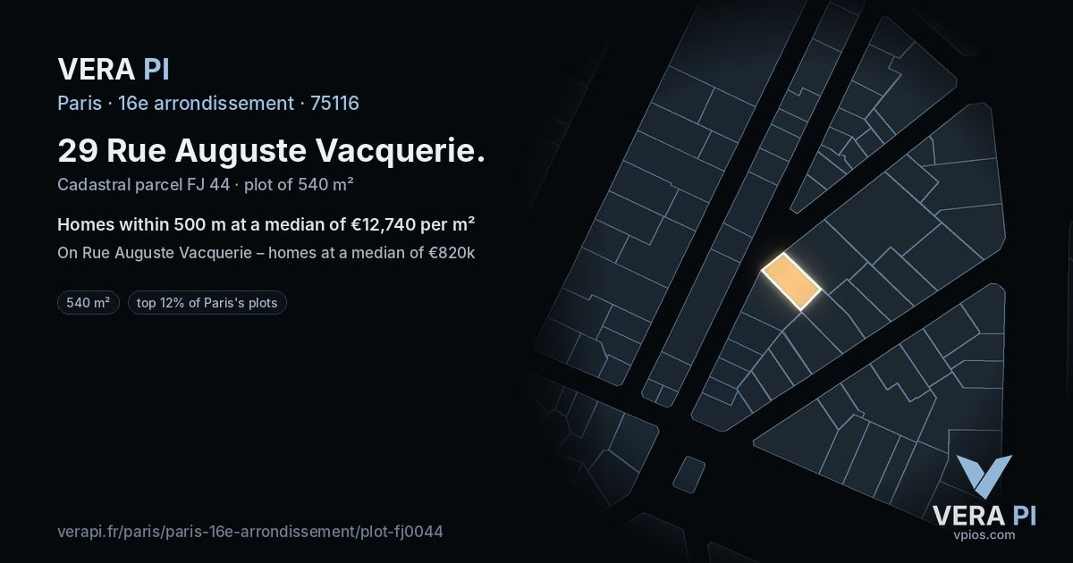 29 Rue Auguste Vacquerie, 16e arrondissement at night – the plot lit, the parcels around coloured by the prices near them