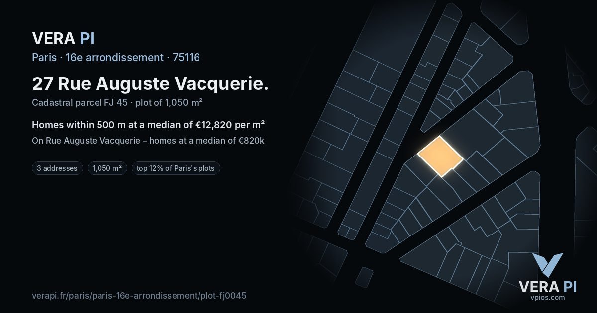 27 Rue Auguste Vacquerie, 16e arrondissement at night – the plot lit, the parcels around coloured by the prices near them