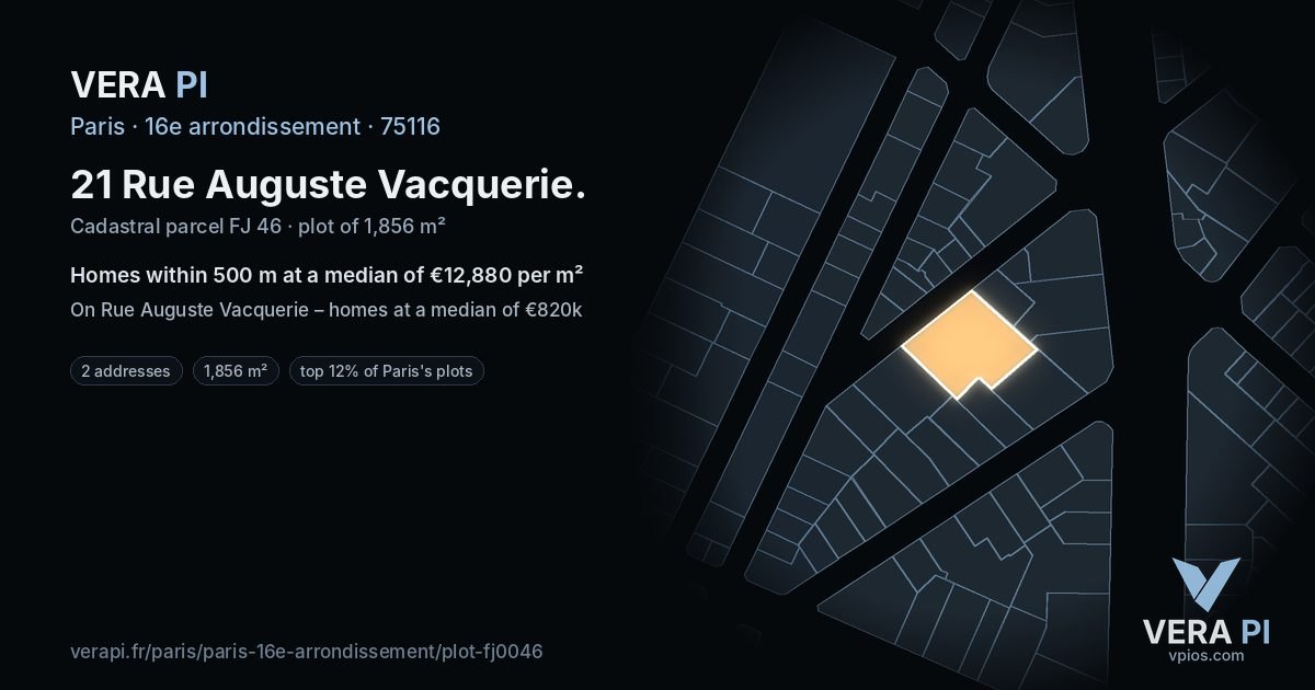 21 Rue Auguste Vacquerie, 16e arrondissement at night – the plot lit, the parcels around coloured by the prices near them