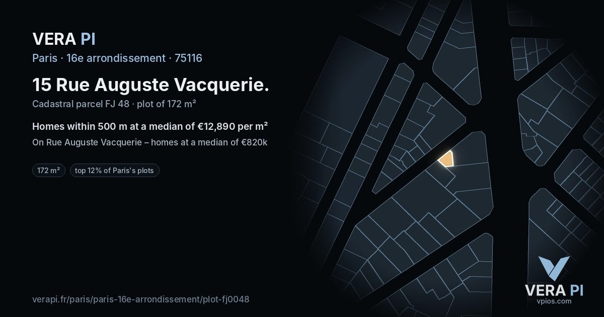 15 Rue Auguste Vacquerie, 16e arrondissement at night – the plot lit, the parcels around coloured by the prices near them
