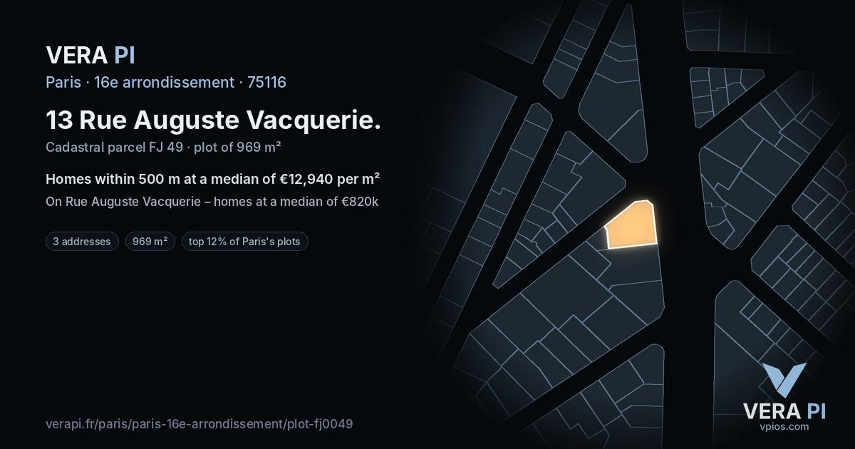 13 Rue Auguste Vacquerie, 16e arrondissement at night – the plot lit, the parcels around coloured by the prices near them