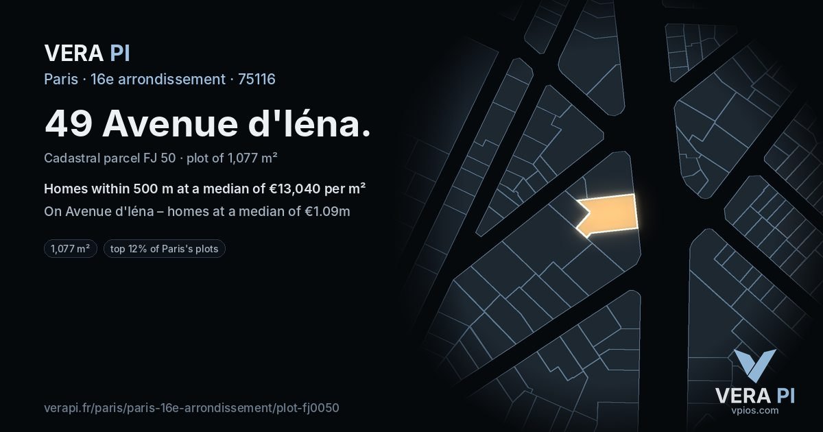 49 Avenue d'Iéna, 16e arrondissement at night – the plot lit, the parcels around coloured by the prices near them