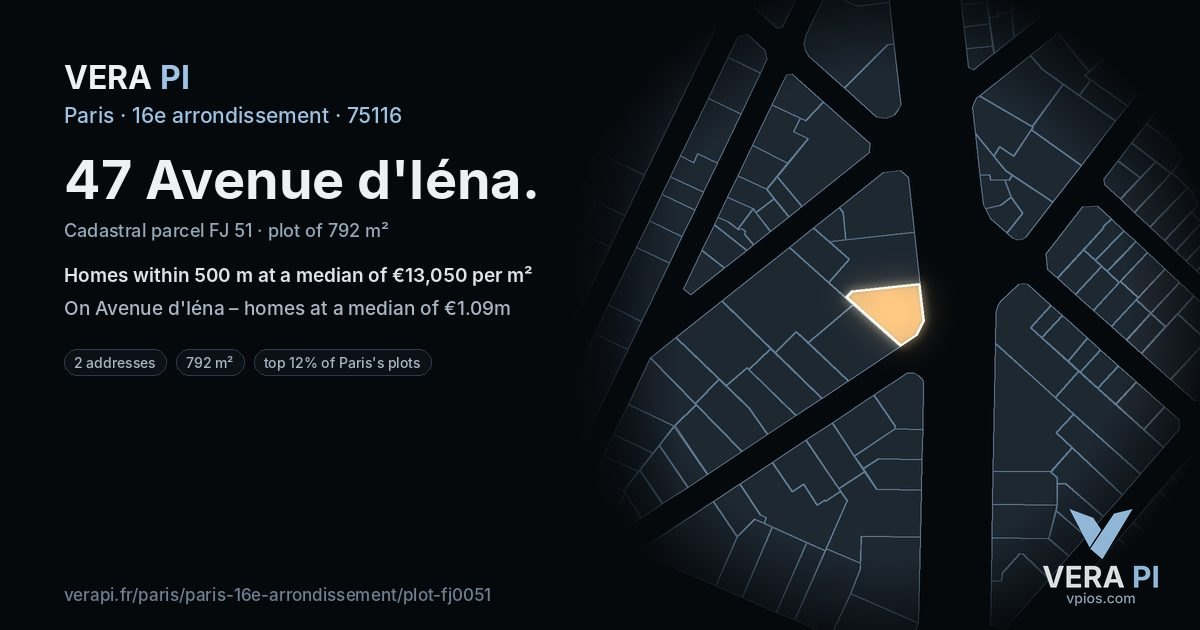47 Avenue d'Iéna, 16e arrondissement at night – the plot lit, the parcels around coloured by the prices near them