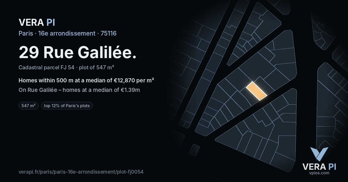 29 Rue Galilée, 16e arrondissement at night – the plot lit, the parcels around coloured by the prices near them