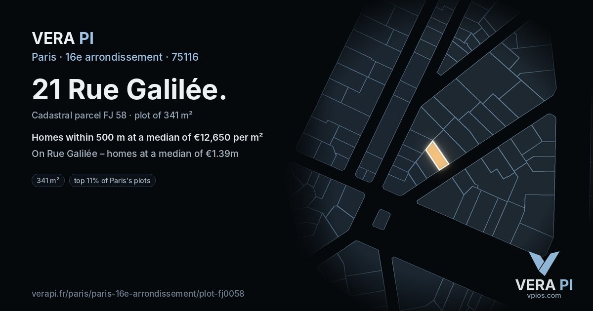 21 Rue Galilée, 16e arrondissement at night – the plot lit, the parcels around coloured by the prices near them