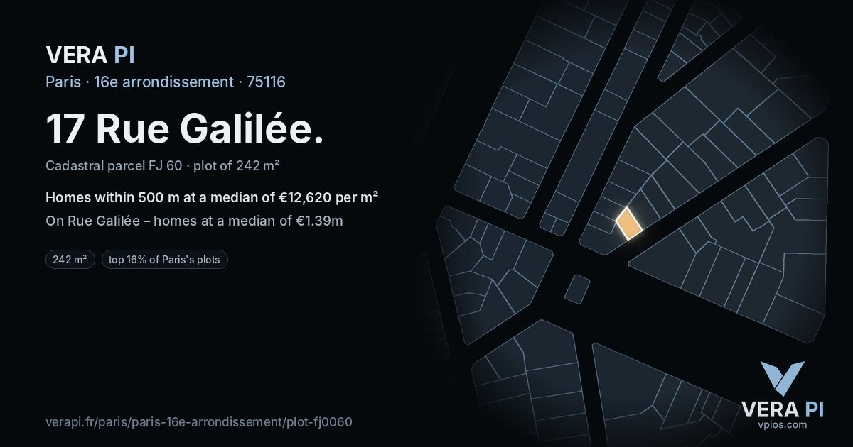 17 Rue Galilée, 16e arrondissement at night – the plot lit, the parcels around coloured by the prices near them