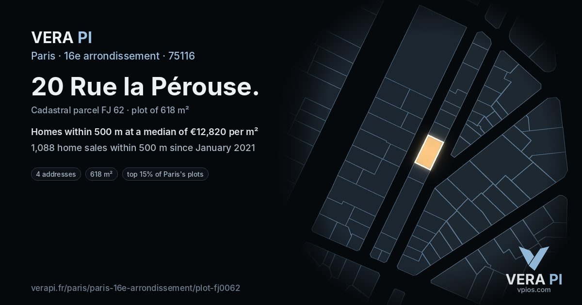 20 Rue la Pérouse, 16e arrondissement at night – the plot lit, the parcels around coloured by the prices near them
