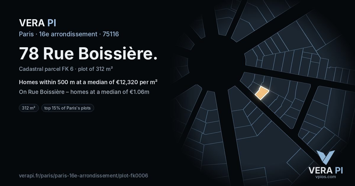 78 Rue Boissière, 16e arrondissement at night – the plot lit, the parcels around coloured by the prices near them
